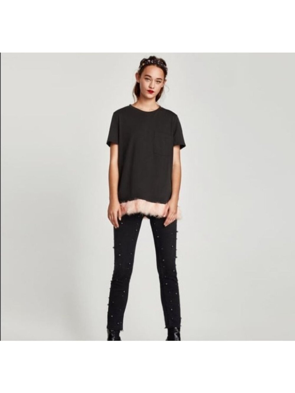 ZARA Faux Feather Trim T Shirt Sizs Small NEW